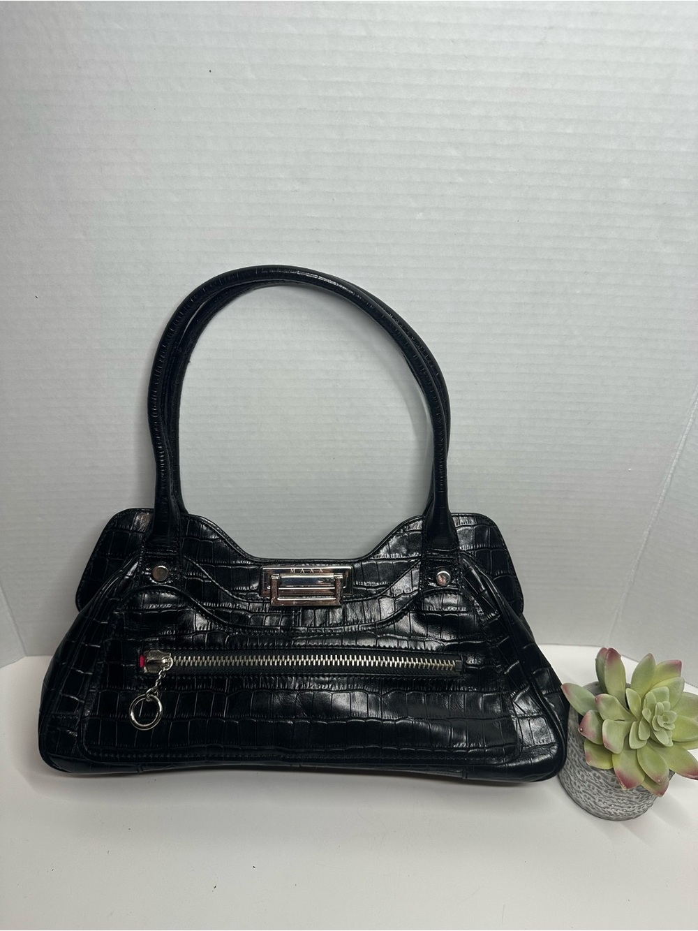 BCBGMaxAzria Black Croc-Embossed Shoulder Bag